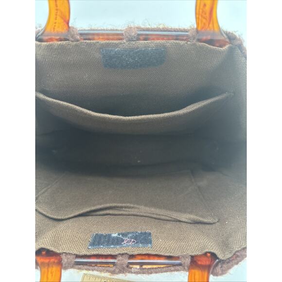 Vtg 70s Purse Needlepoint Floral Mushroom Patchwork Lucite Handles Retro MCM - Picture 4 of 7